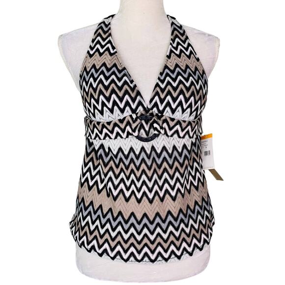 Perry Ellis Tankini Top S Black White Gray Taupe Chevron Removable Pads New - Picture 1 of 11
